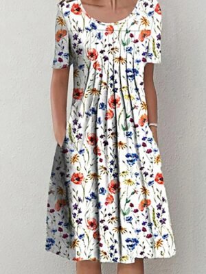 Casual Basic Floral Crew Neck Short Sleeve Midi Dress - Image 1