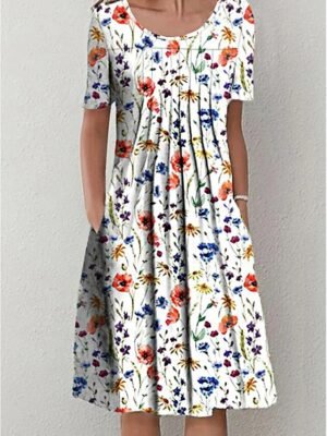 Casual Basic Floral Crew Neck Short Sleeve Midi Dress - Image 4