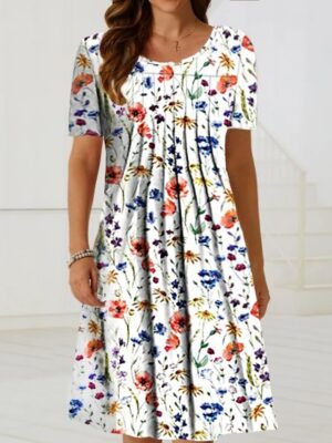 Casual Basic Floral Crew Neck Short Sleeve Midi Dress - Image 5