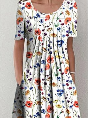 Casual Basic Floral Crew Neck Short Sleeve Midi Dress - Image 8