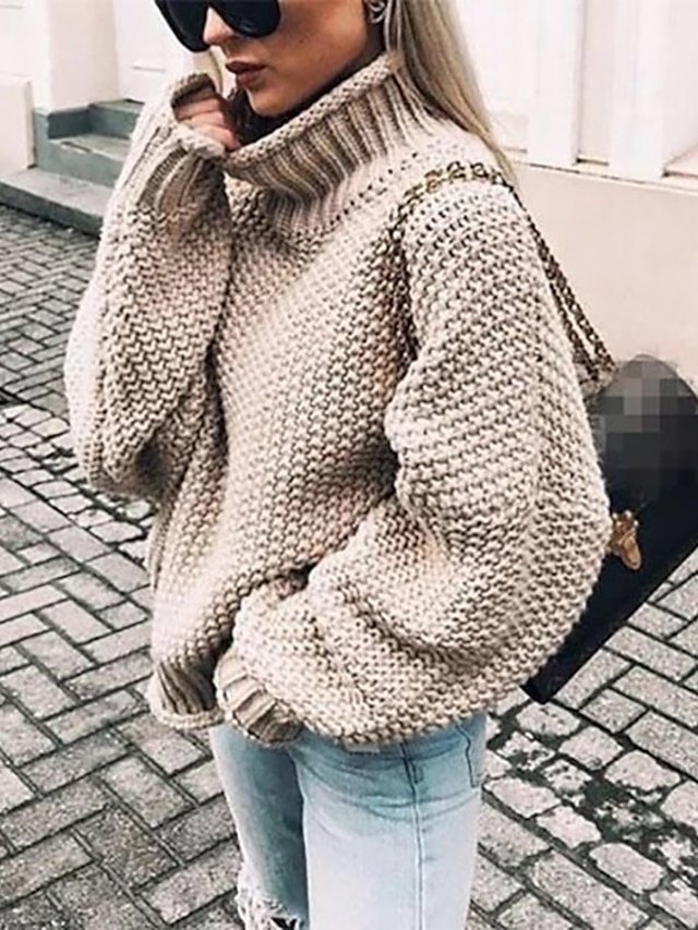Casual Chunky Solid Turtleneck Long Sleeve Pullover - Image 1