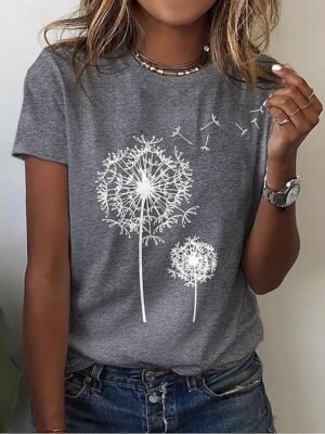 Casual Comfort Fit Dandelion Print Crew Neck Short Sleeve T-Shirt - Image 3