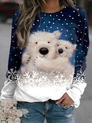 Casual Comfort Fit Snowflake Polar Bear Crew Neck Long Sleeve Plus Size Pullover Sweater - Image 2