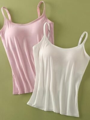 Casual Comfort Fit Solid Adjustable Spaghetti Strap Tank Top - Image 2