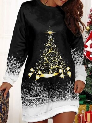 Casual Comfortable Festive Tree Snowflake Print Round Neck Long Sleeve Sweater Dress - Image 2