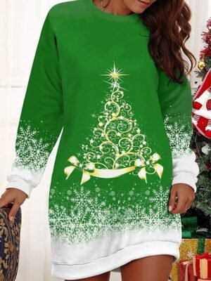 Casual Comfortable Festive Tree Snowflake Print Round Neck Long Sleeve Sweater Dress - Image 4