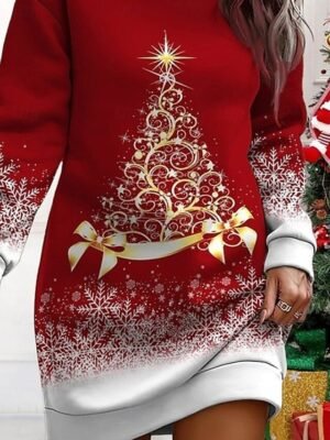 Casual Comfortable Festive Tree Snowflake Print Round Neck Long Sleeve Sweater Dress - Image 6