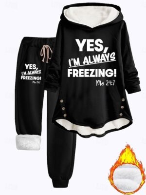 Casual Cozy Phrase Print Hooded Long Sleeve Loungewear Set - Image 6