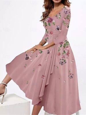Casual Floral Ruffle V Neck Long Sleeve Midi Dress - Image 2
