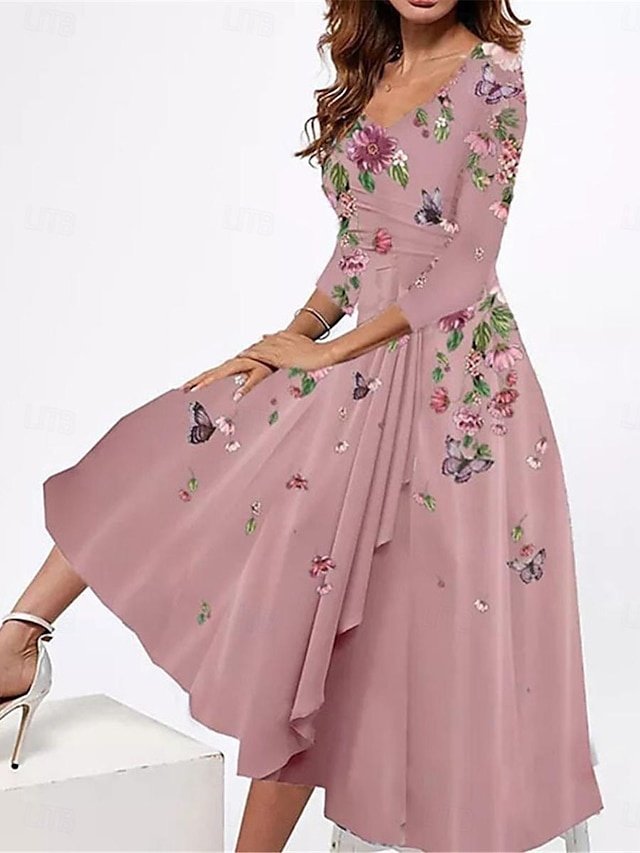 Casual Floral Ruffle V Neck Long Sleeve Midi Dress - Image 2
