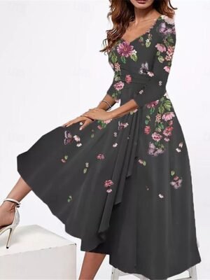 Casual Floral Ruffle V Neck Long Sleeve Midi Dress - Image 3