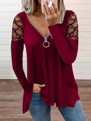 Casual Flowing Plain V Neck Off Shoulder Long Sleeve Regular Tunic - Image 4
