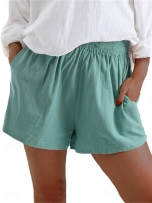 Casual High Waist Plain Elastic Drawstring Shorts - Image 2