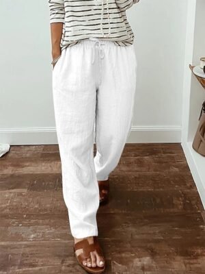 Casual High Waist Plain Elastic Long Trousers - Image 5