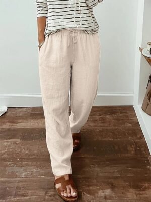 Casual High Waist Plain Elastic Long Trousers - Image 9
