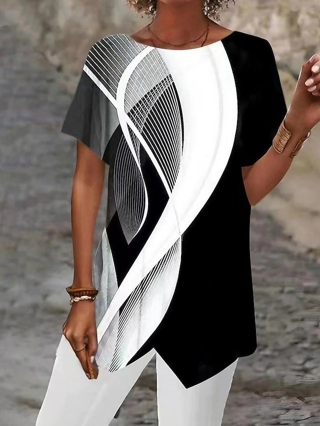 Casual Long Abstract Print Round Neck Short Sleeve Asymmetrical Hem Top - Image 1