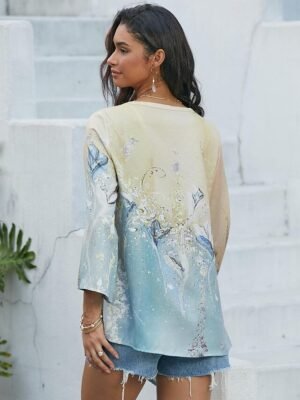 Casual Long Sleeve Abstract Print Round Neck Asymmetrical Top - Image 4