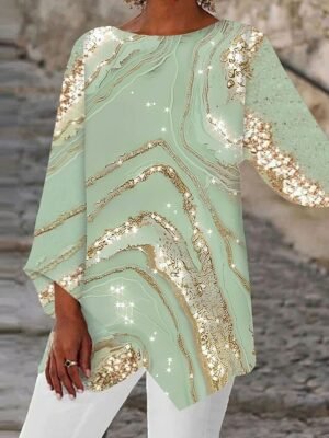 Casual Long Sleeve Abstract Print Round Neck Asymmetrical Top - Image 5