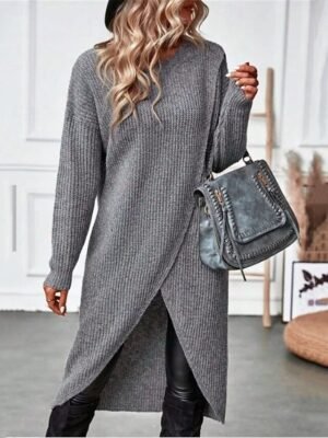 Casual Long Sleeve Pure Colour Crew Neck Sweater Dress - Image 3