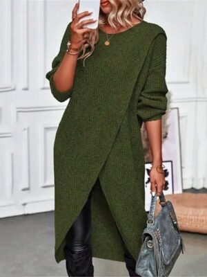 Casual Long Sleeve Pure Colour Crew Neck Sweater Dress - Image 4