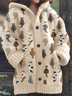 Casual Loose Animal Hooded Long Sleeve Cardigan - Image 1