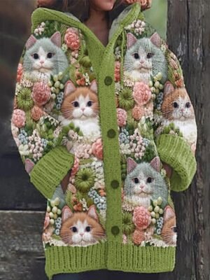 Casual Loose Animal Hooded Long Sleeve Cardigan - Image 4