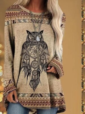 Casual Loose Animal Pattern Round Neck Long Sleeve Tunic - Image 3
