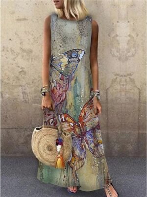 Casual Loose Animal Print Crew Neck Sleeveless Maxi Dress - Image 1