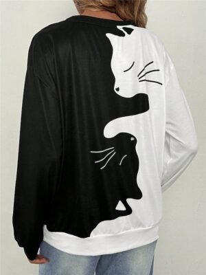 Casual Loose Cat Print Crew Neck Long Sleeve Sweatshirt - Image 2
