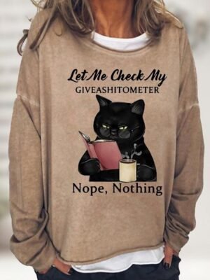 Casual Loose Cat Print Round Neck Long Sleeve Top - Image 1