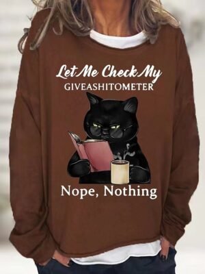 Casual Loose Cat Print Round Neck Long Sleeve Top - Image 4