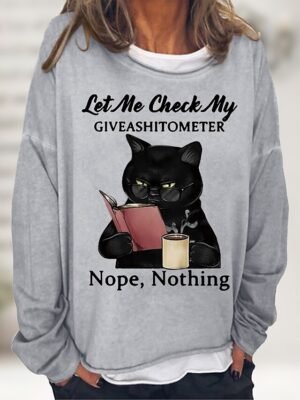 Casual Loose Cat Print Round Neck Long Sleeve Top - Image 6