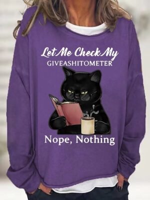 Casual Loose Cat Print Round Neck Long Sleeve Top - Image 9