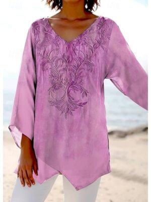 Casual Loose Color Block V Neck Long Sleeve Asymmetrical Hem Tunic - Image 10