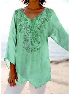 Casual Loose Color Block V Neck Long Sleeve Asymmetrical Hem Tunic - Image 11