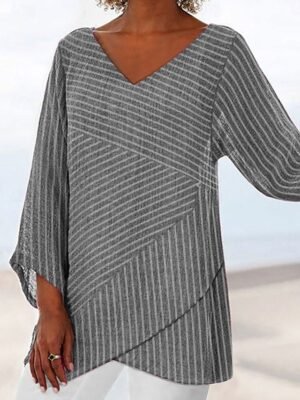 Casual Loose Color Block V Neck Long Sleeve Asymmetrical Hem Tunic - Image 13