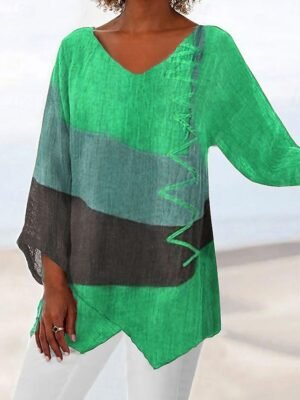 Casual Loose Color Block V Neck Long Sleeve Asymmetrical Hem Tunic - Image 4