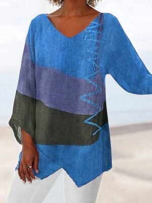 Casual Loose Color Block V Neck Long Sleeve Asymmetrical Hem Tunic - Image 6