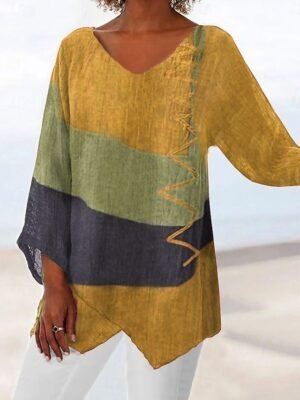 Casual Loose Color Block V Neck Long Sleeve Asymmetrical Hem Tunic - Image 7