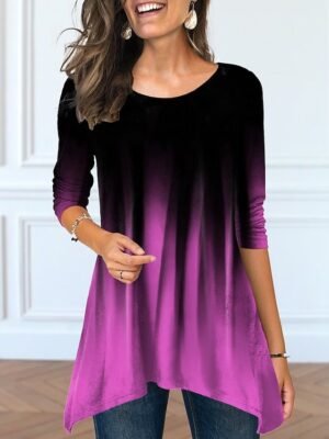 Casual Loose Colour Gradient Round Neck Long Sleeve Tunic - Image 3