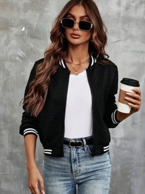 Casual Loose Fit Colour Block Zipper Long Sleeve Jacket - Image 3