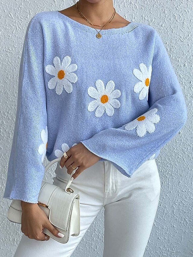Casual Loose Floral Crew Neck Long Sleeve Long Sweater - Image 2