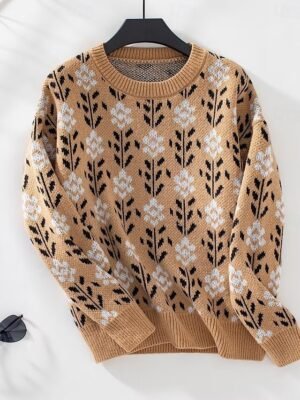 Casual Loose Floral Crew Neck Long Sleeve Long Sweater - Image 4