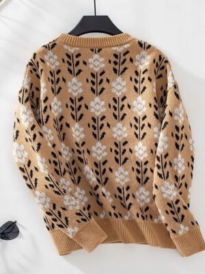 Casual Loose Floral Crew Neck Long Sleeve Long Sweater - Image 5