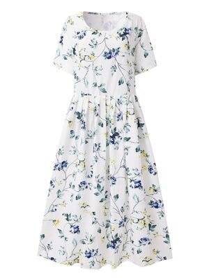 Casual Loose Floral Crew Neck Short Sleeve Midi Dress - Image 2
