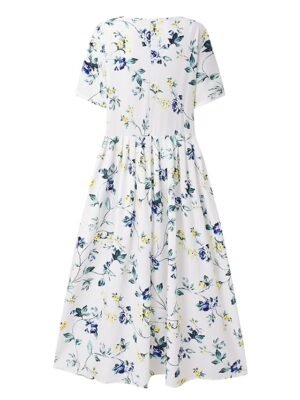 Casual Loose Floral Crew Neck Short Sleeve Midi Dress - Image 3