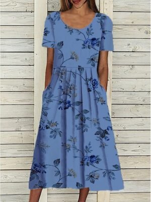 Casual Loose Floral Crew Neck Short Sleeve Midi Dress - Image 7