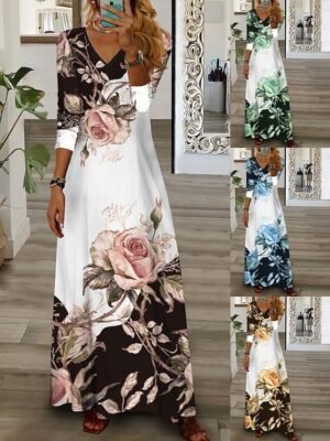 Casual Loose Floral V Neck 3/4 Sleeve Maxi Dress - Image 1