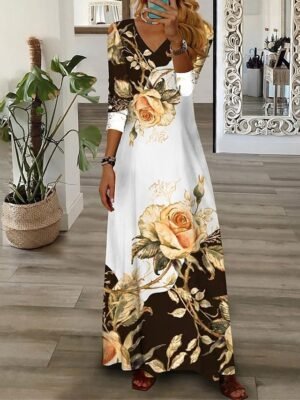Casual Loose Floral V Neck 3/4 Sleeve Maxi Dress - Image 2