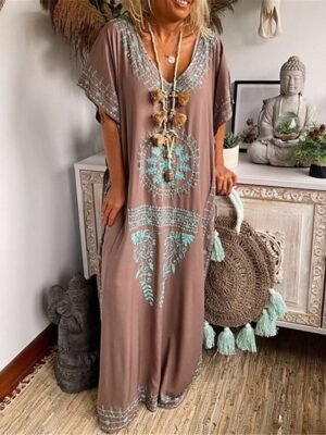 Casual Loose Floral V Neck Short Sleeve Maxi Dress - Image 1